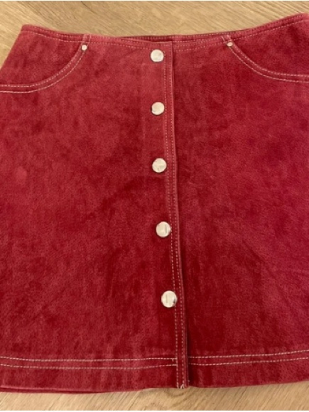 Marlboro Deep Red Button-Front Suede Mini Skirt